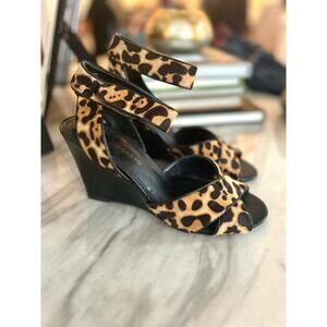 Franco Sarto Calf Hair Brown Leopard Print Strappy Wedges